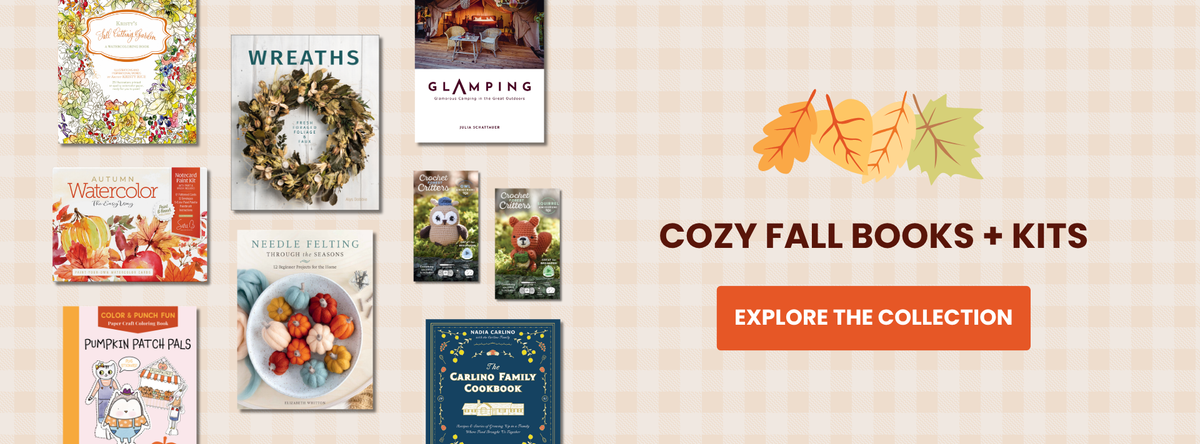 A collection of autumn-themed books and craft kits, including titles about watercolor painting, wreath making, needle felting, and crochet, with a button labeled Explore the Collection.