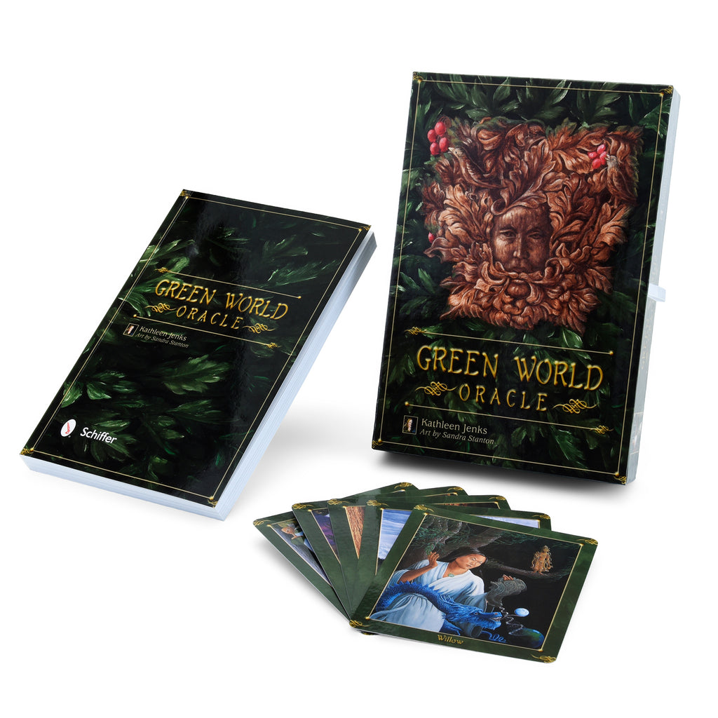 A partially open box of The Green World Oracle by Schiffer Publishing, Ltd. reveals illustrated cards with lush green foliage and leaf faces. Several uniquely designed tree oracle cards are spread out in front.