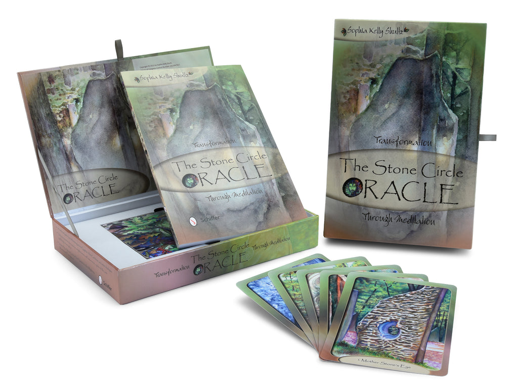 The Stone Circle Oracle by Schiffer Publishing, Ltd. is displayed with its box, booklet, and several vibrant stone and nature-themed cards fanned out—perfect self-exploration tools.
