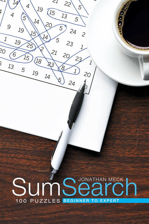 A coffee cup, pen, and completed number search puzzle rest on a white table. The book title Sum Search: 100 Puzzles Beginner to Expert by Jonathan Meck is displayed at the bottom.