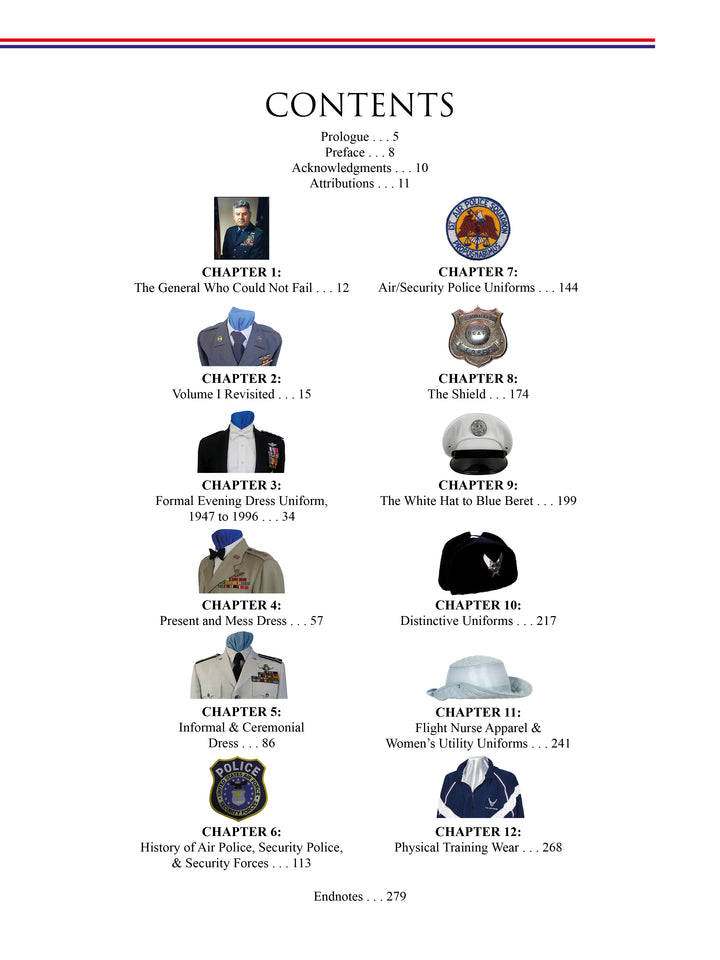 A two-column contents page from "Into the Blue: Uniforms of the United States Air Force, 1947 to the Present" (Schiffer Publishing, Ltd.), with chapter titles, page numbers, and Air Force uniform or badge images under a CONTENTS heading.