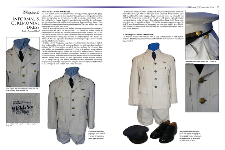 A two-page spread from "Into the Blue: Uniforms of the United States Air Force, 1947 to the Present" by Schiffer Publishing, Ltd. features blue mannequin displays, close-ups of uniform details, and historical insights for collectors.
