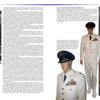 A two-page spread in *Into the Blue: Uniforms of the United States Air Force, 1947 to the Present* by Schiffer Publishing features historical photos, officers in dress uniforms, and mannequins with insignia for USAF uniform collectors and enthusiasts.