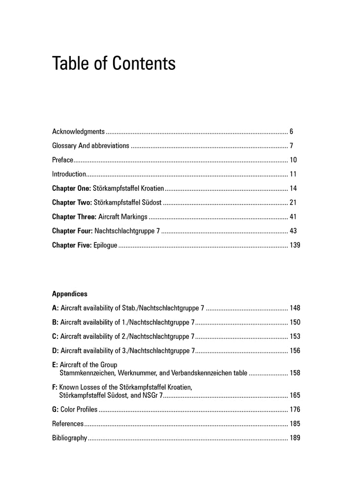 The Table of Contents for Hunting Tito by Schiffer Publishing, Ltd. includes sections like Acknowledgments, Preface, Introduction, five chapters on Tito's Yugoslavia and Luftwaffe units—including Nachtschlachtgruppe 7—appendices, References, and Bibliography.