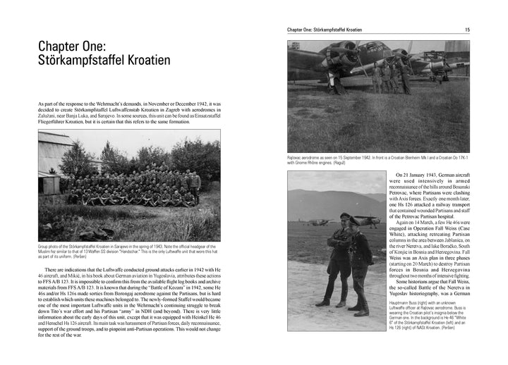 A two-page spread from "Hunting Tito" by Schiffer Publishing, Ltd. shows Chapter One: Störkampfstaffel Kroatien, featuring three WWII-era photos of Luftwaffe and Croatian forces in Yugoslavia with descriptive text.