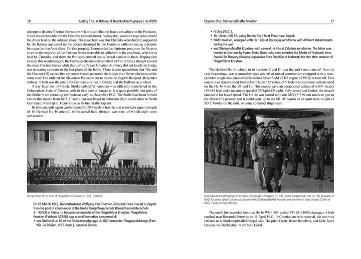 Two pages from "Hunting Tito" (Schiffer Publishing, Ltd.) show WWII text, a black-and-white photo of Luftwaffe combat units on the left, and a group of officers—one giving a salute, possibly linked to Nachtschlachtgruppe 7—on the right.
