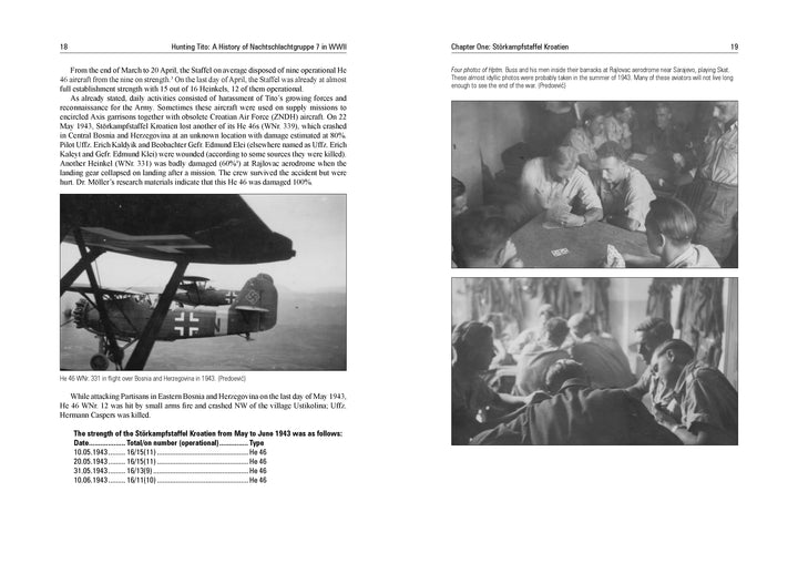 A book spread from "Hunting Tito" by Schiffer Publishing, Ltd. shows text and three B&W photos: a damaged WWII Luftwaffe fighter, soldiers at a table, troops in a mess hall—plus an aircraft losses table.