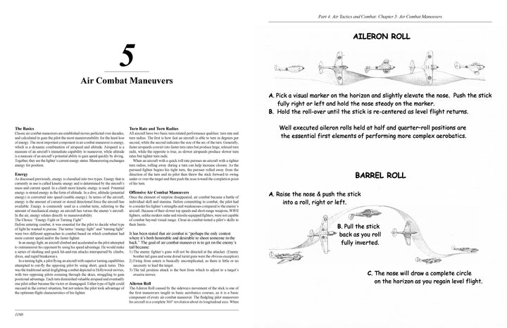 A two-page spread from "The Fifth Fighter Command in World War II" by Schiffer Publishing, Ltd. shows pilot training: one page lists 5 Air Combat Maneuvers, the other illustrates aileron and barrel rolls with labeled diagrams.