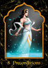 A regal woman in white and gold attire with a crown and jewels stands among blue petals. Her long black hair flows gracefully—an elegant figure featured on the 8 Preconditions card from The Mahābhārata Oracle by Schiffer Publishing, Ltd.