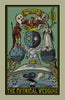 An ornate illustration from the Rota Mundi Tarot by Schiffer Publishing, Ltd., shows a crowned man and woman with birds on celestial spheres, amid Latin text, symbols, mythic figures, and Rosicrucian themes.