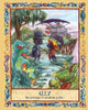 Two insect characters stand on a garden path among oversized plants, with a caged bird above. Inspired by healing art cards: “ALLY. Be present in another’s life.” Secret Woods by Schiffer Publishing, Ltd.