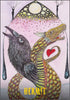 A mystical illustration from the Ravyness Drakon Tarot by Schiffer Publishing, Ltd. depicts a crow and dragon entwined with a red heart, under a full moon above geometric mountains; “HERMIT” is boldly printed below.