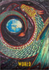 A vibrant dragon serpent coils around Earth against a swirling, dark cosmic backdrop. Tarot-inspired, the image features "WORLD" in bold yellow lettering. From the Ravyness Drakon Tarot by Schiffer Publishing, Ltd.
