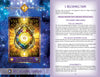 Celestial Frequencies by Schiffer Publishing, Ltd. features an ornate oracle card with mystical symbols on a cosmic backdrop. “Reconnection: Universal Healing Shield” offers intuitive guidance and alignment insights on the right side.