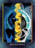 A stylized, split-colored figure stands before intricate patterns, divided by a glowing line of fire. BOUNDARIES appears below, reflecting the insightful themes of the Higher Self Oracle from Schiffer Publishing, Ltd.
