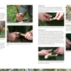 A two-page spread in Core Bushcraft by Schiffer Publishing, Ltd. features close-up photos of hands demonstrating essential knife grips and wood carving techniques, with descriptive text beside each step.