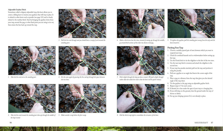 Core Bushcraft by Schiffer Publishing, Ltd. offers a step-by-step photo guide to bushcraft skills, showing how to tie an adjustable guyline hitch with clear instructions—ideal for outdoor survival.