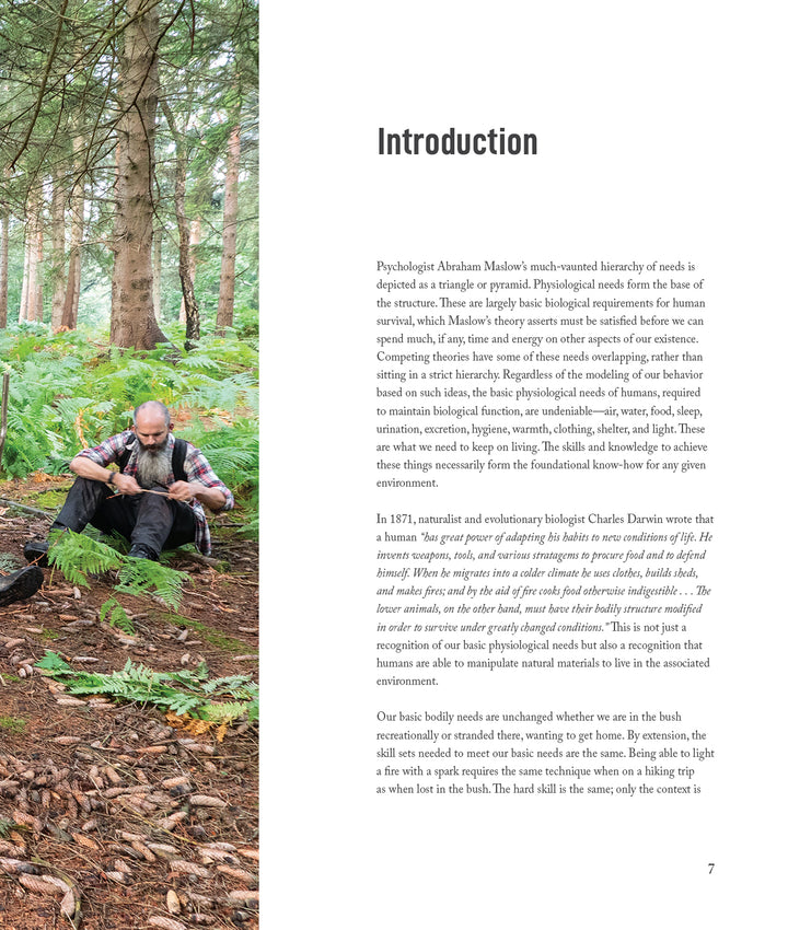 A page from Core Bushcraft by Schiffer Publishing, Ltd. features a text-heavy introduction on the right and a color photo of a man seated on a log in the forest, deep in thought about bushcraft skills and outdoor survival.