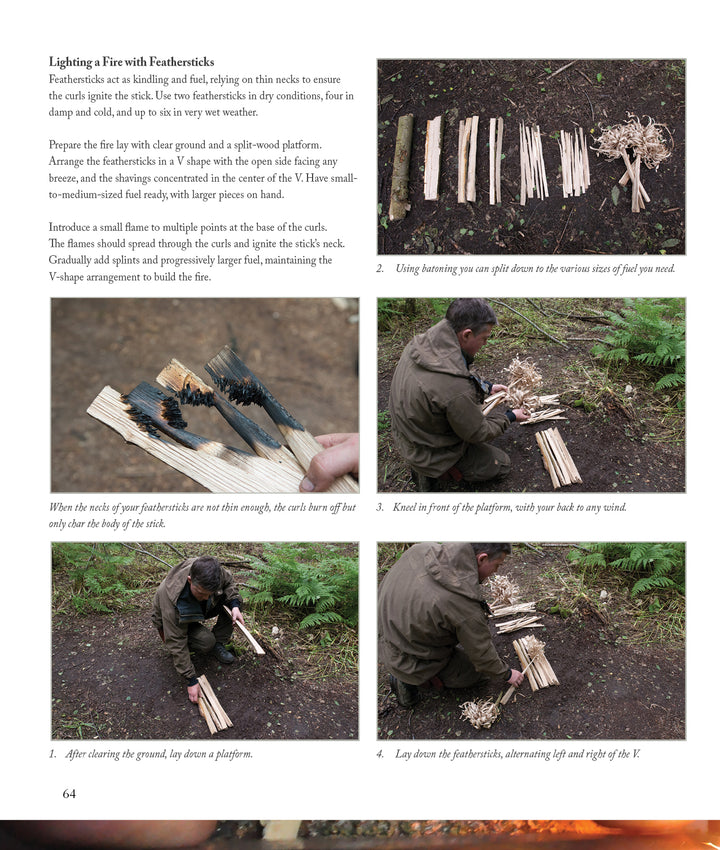 A step-by-step guide in Core Bushcraft by Schiffer Publishing, Ltd. teaches how to make feathersticks for firelighting—preparing wood, carving thin shavings, arranging them in a V-shape, and setting kindling for ignition.