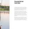 A person is fishing by a calm lake at sunset. On the right, text from Schiffer Publishing, Ltd.'s Core Bushcraft highlights abundant fish and small game, their nutritional value, and key wilderness skills for successful procurement.