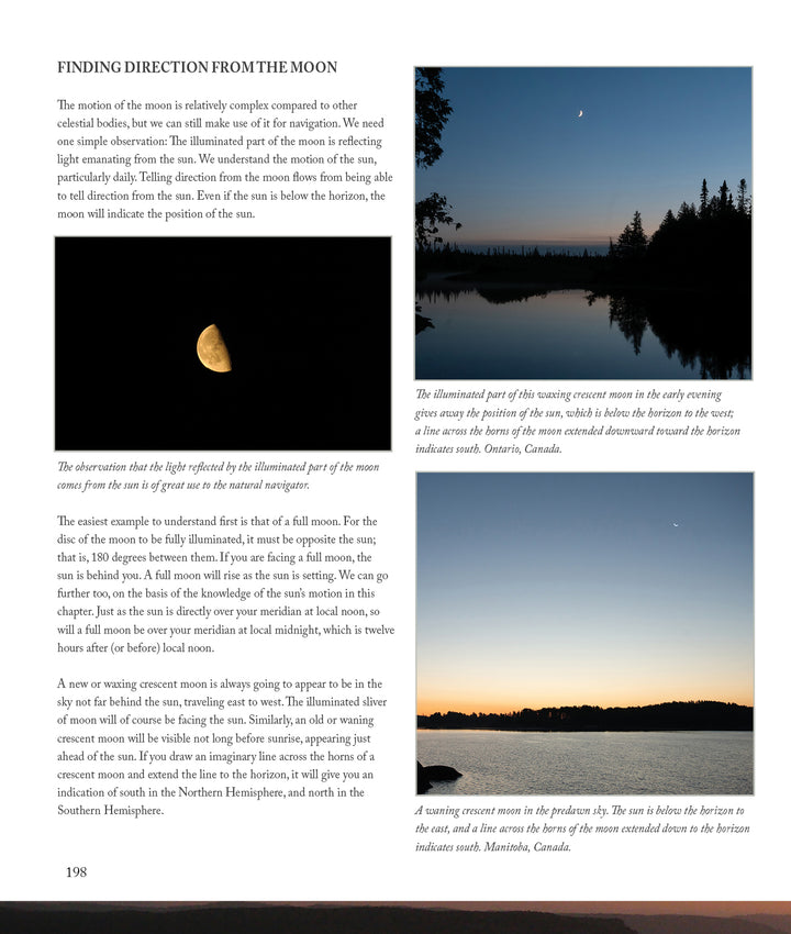 A page from Core Bushcraft by Schiffer Publishing, Ltd. displays four moon photos under varying skies with text explaining phase and illumination changes—vital wilderness knowledge for any outdoor survival guide.