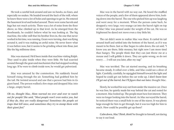 A page from "Mac and the Millstone of Time" by Schiffer Publishing, Ltd., an early chapter book on American history featuring the Old Wye Mill.