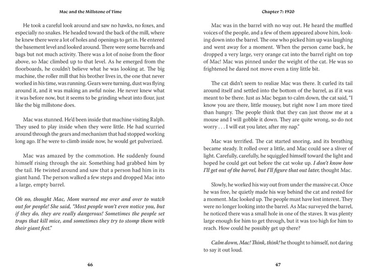 A page from "Mac and the Millstone of Time" by Schiffer Publishing, Ltd., an early chapter book on American history featuring the Old Wye Mill.