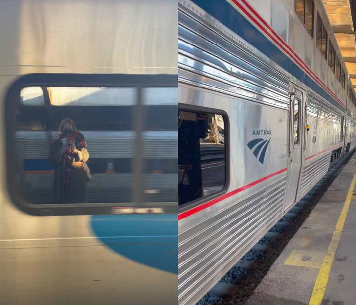 On the left, a person’s reflection appears in a train window, suggesting the quiet contemplation characteristic of studio craft and handmade skills—central themes in Craft Schools by Schiffer Publishing, Ltd. On the right, an Amtrak train is stationed beneath a platform canopy, with yellow lines highlighting the edge of the platform.