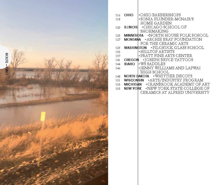 A view from a moving train shows blurred brown grass and water in the foreground, leafless trees in the distance, and on the right side of the image appears a list from Craft Schools by Schiffer Publishing, Ltd., highlighting American craft organizations by state and emphasizing a dedication to craft education and handmade arts.