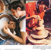 In a brightly lit studio reminiscent of the hands-on learning featured in Craft Schools by Schiffer Publishing, Ltd., two individuals shape clay pottery on wheels: a man on the left forms a tall vessel, while on the right, a woman in red concentrates intently on her own project—celebrating the enduring tradition of handmade arts.