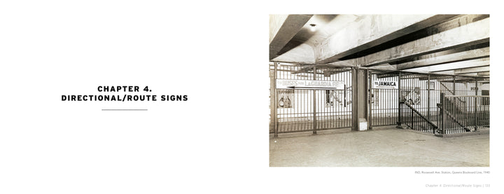 A black-and-white photo of a subway entrance with metal railings and signs, including one for Jamaica, showcases Vintage New York City Subway Signs by Schiffer Publishing, Ltd. Chapter 4 text appears on the left: Directional/Route Signs.