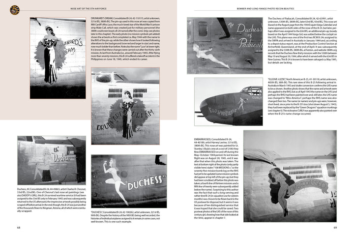 The Schifferbooks title "Nose Art of the 5th Air Force: Pin-Ups and More, 1942–1947" showcases vintage black-and-white WWII nose art photos with pin-up women, plane names like Duchess of Paducah, and detailed captions plus historical context.