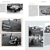 Two pages from "Nose Art of the 5th Air Force: Pin-Ups and More, 1942–1947" by Schifferbooks show WWII bomber nose art with shark mouths, caricatures, crew portraits, and detailed historical captions in black-and-white photos.