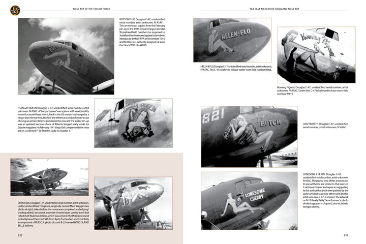 A two-page spread from Schifferbooks’ "Nose Art of the 5th Air Force: Pin-Ups and More, 1942–1947" features black-and-white WWII aircraft photos with pin-up nose art and captions describing each plane and its artwork.