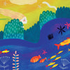 A colorful illustration from Schifferbooks' "Frisky Face the Naughty Cat" shows the mischievous cat peeking behind bushes by a winding blue stream, with orange and yellow fish swimming below. The text reads: “Is he by the stream? He likes to scare the fish!”.