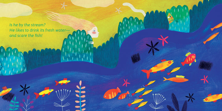 A colorful illustration from Schifferbooks' "Frisky Face the Naughty Cat" shows the mischievous cat peeking behind bushes by a winding blue stream, with orange and yellow fish swimming below. The text reads: “Is he by the stream? He likes to scare the fish!”.