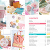 A vibrant magazine spread from "Stitching Super-Cute Food Kawaii Style" by Schiffer Publishing, Ltd. displays mix-and-match embroidery designs for felt crafts like pouches, cup sleeves, napkins, tins, and aprons, with project pages listed on the right.