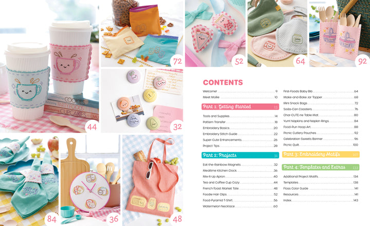 A vibrant magazine spread from "Stitching Super-Cute Food Kawaii Style" by Schiffer Publishing, Ltd. displays mix-and-match embroidery designs for felt crafts like pouches, cup sleeves, napkins, tins, and aprons, with project pages listed on the right.