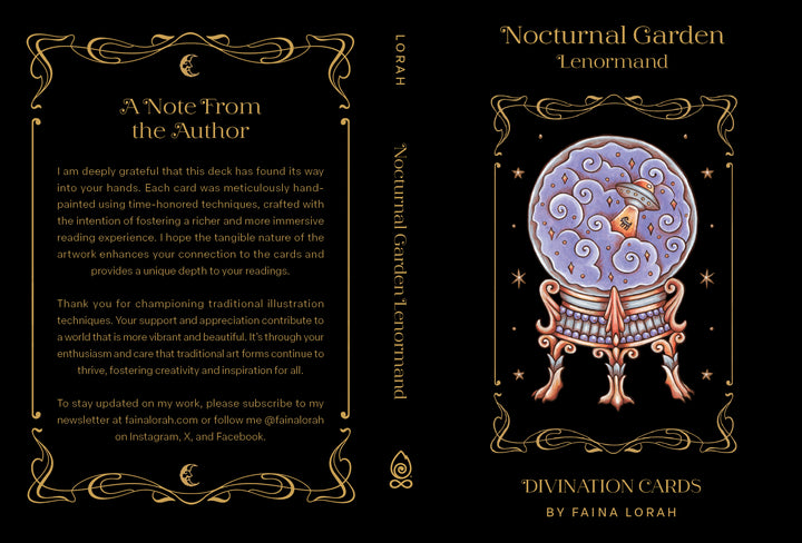 Book cover for Nocturnal Garden Lenormand by Schiffer Publishing, Ltd., showcasing ornate gold borders and a crystal ball embellished with flowers, stars, and keys on a black background—an enchanting Lenormand deck ideal for moon journaling and intuitive exploration.