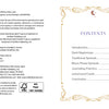 Two-page book spread. Left: copyright, credits, ISBN, publisher information for Schiffer Publishing, Ltd., and an invitation to connect online. Right: Table of contents with chapter titles and page numbers, framed by gold decorative borders and topped with a crescent moon—a delicate tribute to the nocturnal elegance of the Nocturnal Garden Lenormand deck and the mystical art of moon journaling.