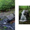 Verdant forest frames a rocky creek along the Appalachian Trail, inviting hikers. Right: Three vertical photos from Schiffer Publishing’s "Iconic and Hidden Gems of the Appalachian Trail" show close-up spring waterfalls.