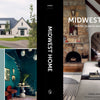 Book cover for Midwest Home by Schiffer Publishing, Ltd. Front features a chic living room with stone fireplace and archway, showcasing Midwestern design. Back displays a modern white house, teal stairway room, and book summary.