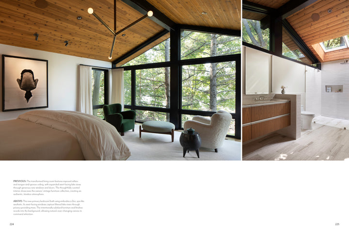 Explore "Midwest Home" by Schiffer Publishing, Ltd.—a modern bedroom with floor-to-ceiling windows, wood-panel ceiling, cozy seating area, and an adjacent bathroom featuring a wood vanity and spacious shower.