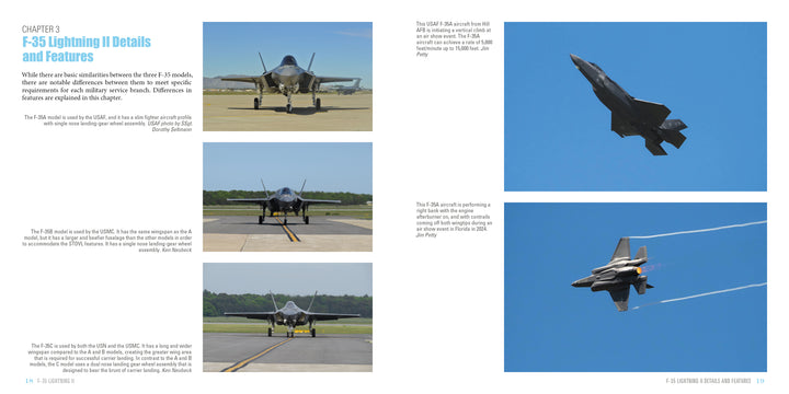 Schiffer Publishing, Ltd.'s F-35 Lightning II two-page spread features five images: three of the modern jet fighter on the runway (front/side views) and two in flight, plus text on its advanced features.