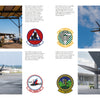 A two-page spread from Schiffer Publishing, Ltd. features the F-35 Lightning II jet in hangars and on runways with military personnel, plus four vibrant squadron patches and detailed captions accompanying each image.