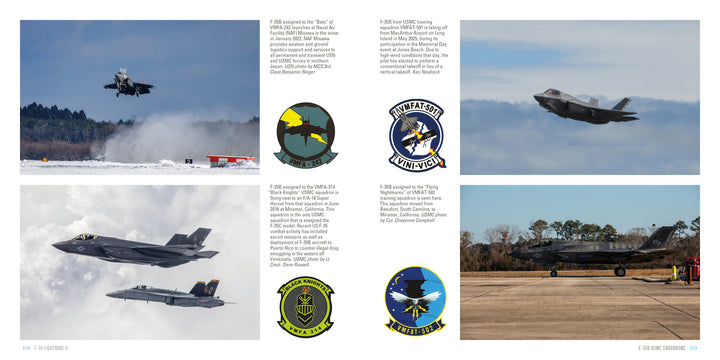 Four photos of the Schiffer Publishing, Ltd. F-35 Lightning II show it landing on snow, taxiing, flying above another jet, and parked on a runway. Four military squadron patches are also shown.