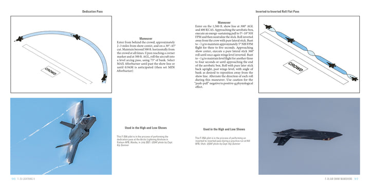 A diagram and photos from Schiffer Publishing, Ltd. showcase the F-35 Lightning II performing aerial maneuvers like a Deflection Pass and an Inverted-to-Inverted Roll, with labeled diagrams above and flight images below.