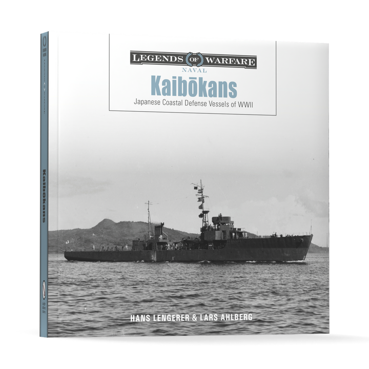 The Schiffer Publishing, Ltd. book "Kaibōkans" features a cover with a black-and-white photo of a WWII Japanese coastal defense vessel at sea, land visible in the background; by Hans Lengerer & Lars Ahlberg.