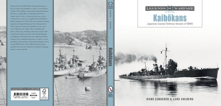 Front and back cover of "Kaibōkans" by Schiffer Publishing, Ltd. feature black-and-white photos of Japanese coastal defense ships at sea during WWII Pacific combat, with smoke near an Imperial Japanese Navy vessel.
