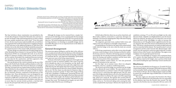 Two pages from "Kaibōkans" by Schiffer Publishing, Ltd. feature info on the Imperial Japanese Navy Shimushu Class warship, with headings, text, and a labeled black-and-white diagram of the ship at the upper right.